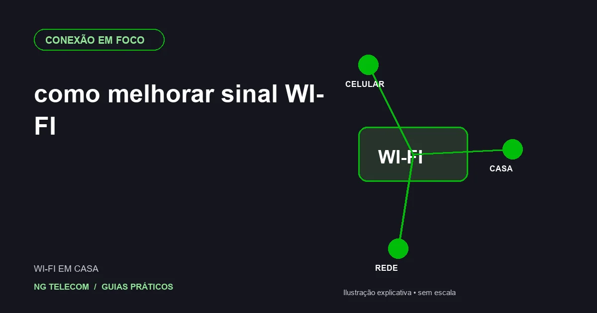 Diagrama editorial sobre como melhorar sinal Wi-Fi, com etapas de avaliação da conexão.